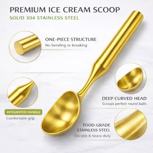 Stainless Steel Ice Cream Scoop, Heavy Duty Scooper, Gold