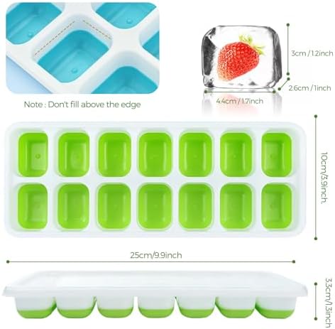 4 x Silicone Ice Cube Trays with Lids, Ice Cube Moulds, LFGB Certified – BPA Free, Square Ice Cube Trays Easy to Remove (2 Green + 2 Blue)