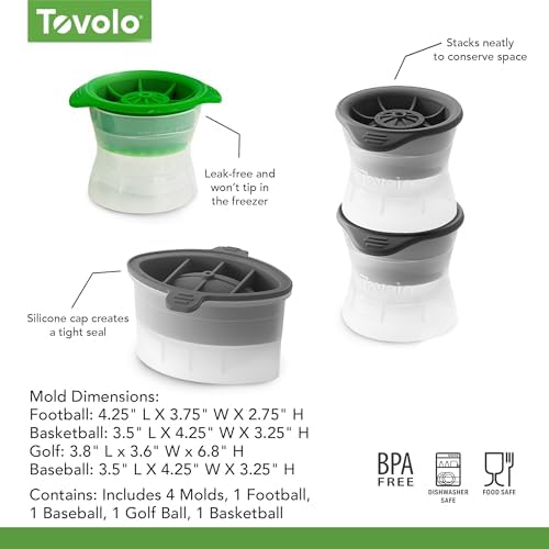 Tovolo Sports Ice Mold Bundle Set of 4 Golf Ball Football Baseball Basketball Shapes Large Craft Ice Cubes for Whiskey Cocktails with Silicone Lids, Easy Fill Craft Ice Mold for Sports Fans
