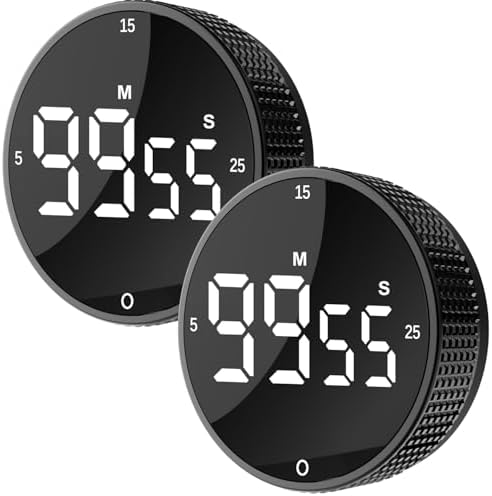Digital Kitchen Timer - Magnetic Countdown Count Up Clock with Large LED Display, 5/15/25 Min Presets, 3 Volume Levels, Rotary Dial for Cooking, Productivity, Classroom, Fitness (2, Black)