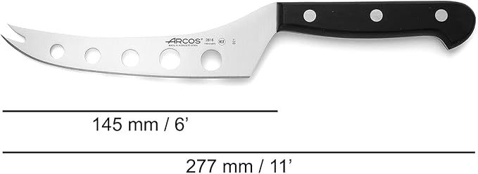 Arcos Cheese Knife 6 Inch Nitrum Stainless Steel and 145 mm blade. 161 gr. Ergonomic Polyoxymethylene POM Handle. Series Universal. Color Black