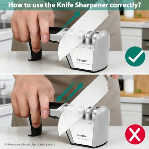 Longzon 5-in-1 Knife Sharpener 4 Stage with Cut-Resistant Glove, Quickly Sharpens & Restores Dull Blades, Easy & Safe for Home Manual Kitchen Use, Fits Most Knives and Scissors, Black+Silver