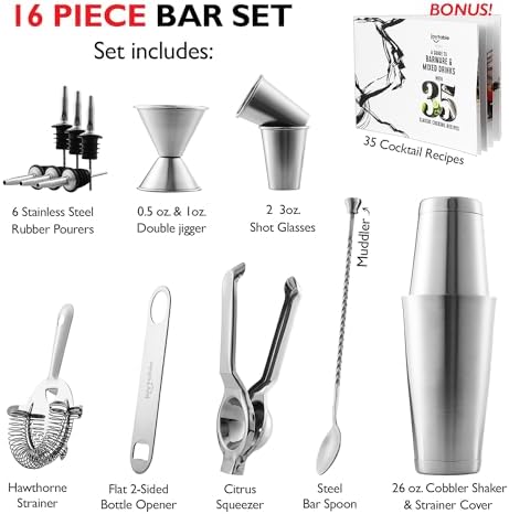 Bar Set Cocktail Shaker Set, Stainless Steel Mixology Bartender Kit, 16PC Silver Tools: 30oz Martini Shaker, Muddler, Kit Book, Jigger and Pourers