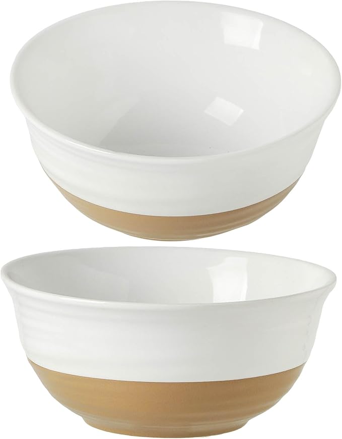 HASENSE Large Ceramic Serving Bowls Set of 2, 60 Oz 8.5 Inch White & Terracotta Stoneware Bowls, Farmhouse Bowls for Salad, Soup & Pasta, Dishwasher & Microwave Safe, Christmas Entertaining Dishes