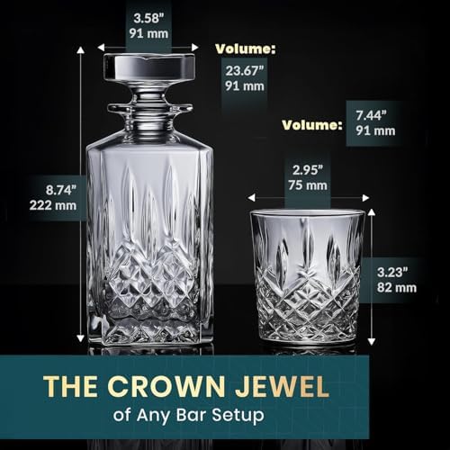 Whiskey Decanter Set for Men, Crystal Bourbon Decanter 24 oz with 4 Glasses