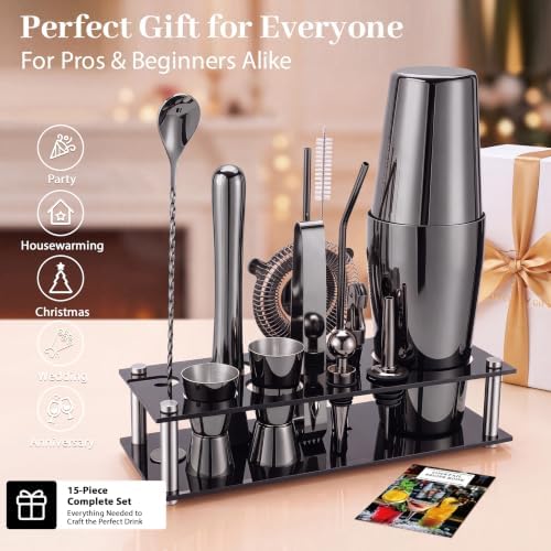 Boston Cocktail Shaker Set, 18 oz & 28 oz 2-Piece Tins, 304 Bartender Kit 15-Piece Bar Tool Set with Acrylic Stand & Recipe Book, for Novices & Pros, Home and Bar Use (Black)