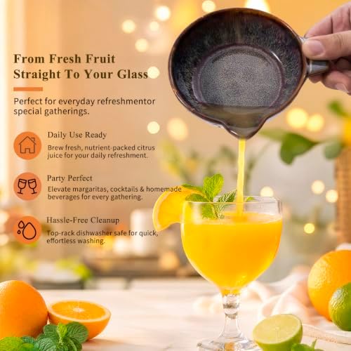 Lemon Orange Grapefruit Juicer Manual Squeezer Ceramic Hand Juicer Reamer Rotation Press with Strainer＆ 5oz Bowl, Pour Spout, Handle, Dishwasher Safe, Easy to Clean,Caramel Brown
