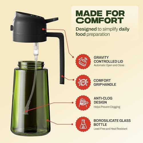 PORTENTUM Olive oil spray bottle for cooking 16oz/470ml 2 in 1 spray and pour function – Anti drip green glass bottle dispenser with light protection – Multilingual labels – Air fryer salads grilling