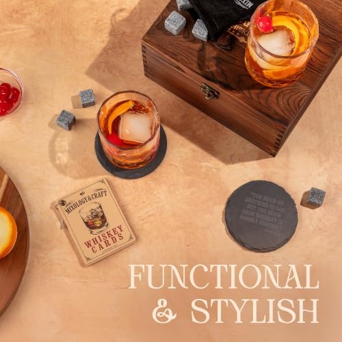 Mixology & Craft Whiskey Stones Gift Set: with Two 10oz Lead-Free Crystal Whiskey Glasses, 8 Whiskey Stones with Velvet Bag, 2 Slate Coasters & Recipe Cards in Wooden Crate | Great