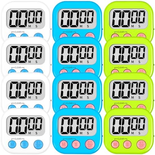 ZILLEEN Digital Kitchen Classroom Timers for Kids Cooking 12pcs Wht Blu Grn