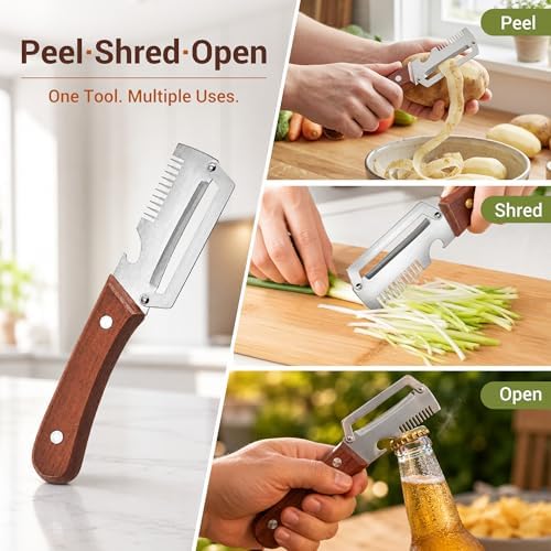 Multifunctional Vegetable Peeler Julienne for Kitchen: Elite and Shredder Gadgets 3-in-1 Stainless Steel Bottle Opener Tool with Wood Handles for Cabbage Carrots Potato Cucumber Veggie(2)