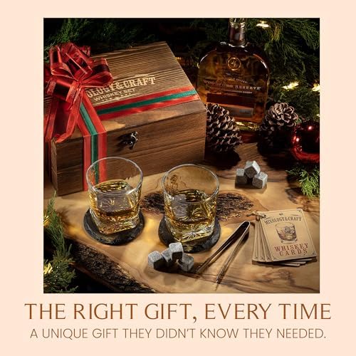 Mixology & Craft Whiskey Stones Gift Set – Includes Two 10oz Crystal Whiskey Glasses, 8 Granite Chilling Rocks, Slate Coasters, Metal Tongs, Cocktail Recipe Cards, Elegant Wooden Storage Box