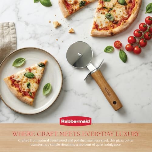 Rubbermaid Beechwood Pizza Cutter Wheel, Heavy Duty Sharp Pizza Slicer for Pizza, Dough, Pie Crust, Pastries | Stainless Steel Blade with Built In Finger Guard | Beechwood & Stainless Steel Collection