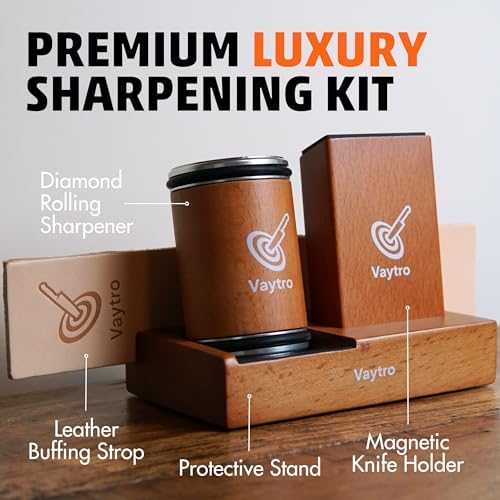 Rolling Knife Sharpener Kit – Manual Kitchen Knife Sharpening Stone System with #400 & #1000 Grit, Diamond Sharpening Tool, 15°/20° Guides & Leather Strop