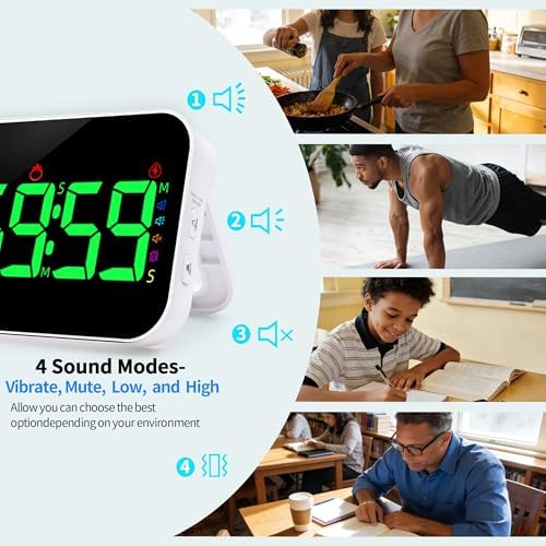 Kitchen Digital RGB Timer, Count Down Up, Rechargeable, Vibration Mode Adjustable Volume and Brightness LED Display, Time Management Cook, Desk, Kids Adults Study Teaching, Kitchen Gadgets