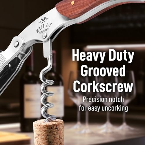 Zulay Kitchen Corkscrew Wine Opener - Premium 420 Stainless Steel & Rosewood Wine Bottle Opener - Double Hinged Opener with Foil Cutter & Cap Remover - Rosewood