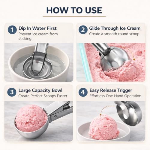 Ice Cream Scoop, Stainless Steel with Trigger & Comfortable Handle, Dishwasher Safe, DIY Ice Cream, Cookie Dough, Muffin, Baking, Sorbet, Gelato, Fruit (black)