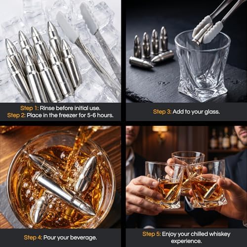 Luxurious Bar Gift Set - 2 Whiskey Glasses + 10 Bullets Chilling Stainless-Steel Whiskey Rocks - Slate Stone Coasters & Tongs - Set in Premium Wood Box by The Wine Savant - Birthday Gift - 11 oz Glass