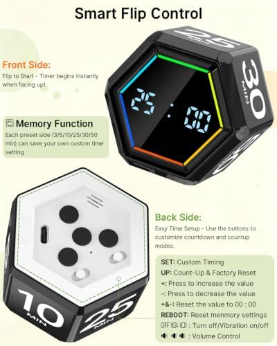 Rotating Pomodoro Timer Cube 3/5/10/25/30/50 min with Colorful Visual Bar