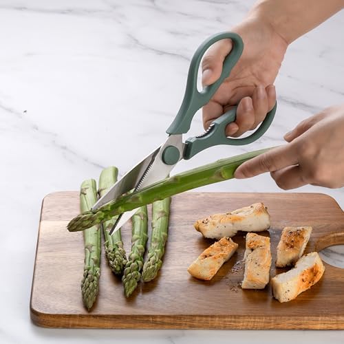 Rae Dunn Kitchen Scissors- Stainless Steel Kitchen Shears, Cooking Scissors for Cutting Meat, Chicken, Herbs and Produce with Blade Cover and Soft Grip Handles (Sage)
