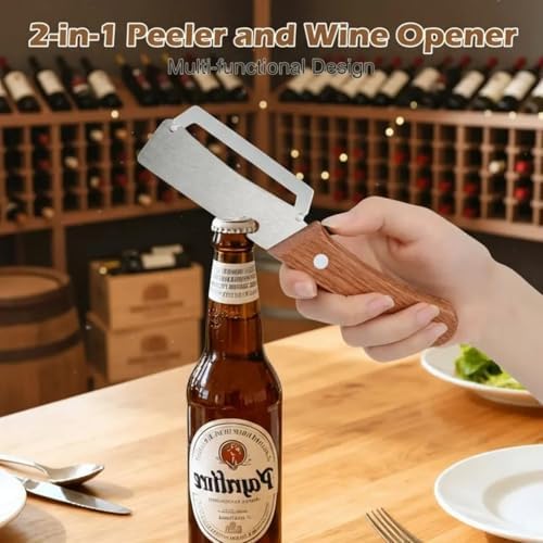 3-in-1 Scallion Shredder & Peeler, 2-in-1 Serrated Peeling Knife Premium Vegetable Peeler with Wooden Handle & Built-In Bottle Opener, Multi-purpose Peeler and Julienne Shredder Set