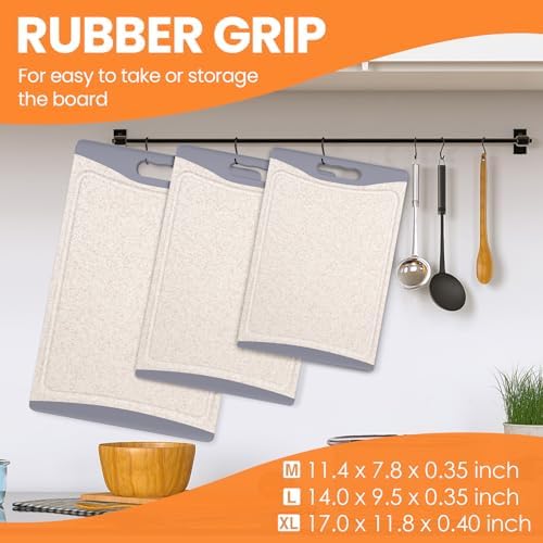 Extra Large Cutting Boards, Plastic Cutting Boards for Kitchen (Set of 3) Cutting Board Set Dishwasher Chopping Board with Juice Grooves Easy-Grip Handles, Beige, Empune