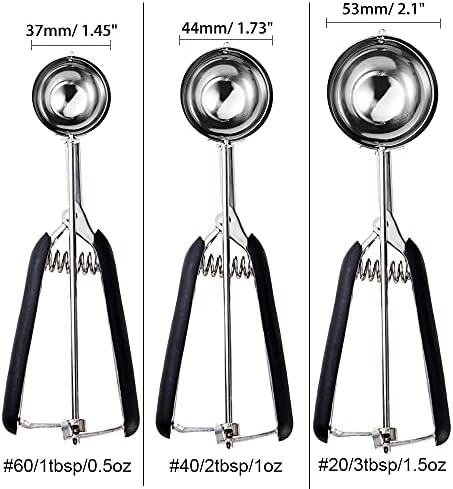 Cookie Scoop set, Size #60/ #40/ #20 Size Cookie Dough Scoop, 3 Pack Cookie Scoops for Baking, Non-slik Grip, Black, 18/8 Stainless Steel