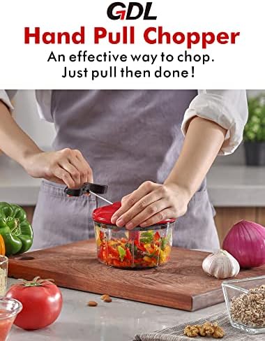 GDL Manual Food Chopper, Hand Pull String Onion Chopper Cutter, Dishwasher Safe Vegetable Chopper Food Mincer, No BPA Food Grade Material, 2.5 Cups 0.6L