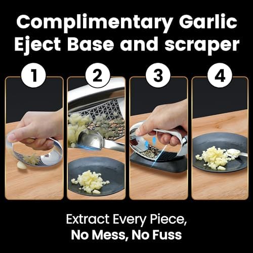Gourmet Easy Stainless Steel Garlic Press Rocker with Eject Base & Scraper