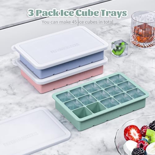 Silicone Ice Cube Tray 3 Pack, HANCELANT Ice Cube Mold, Ice Trays for Freezer with Lid for Whiskey, Cocktail, Drinks and Food, Freezer, BPA Free, Easy Release