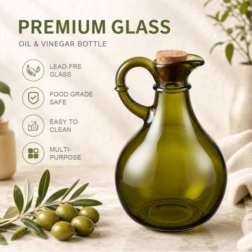 Suclain 4 Sets 12oz Glass Oil and Vinegar Cruet Set Round Oil Dispenser Olive Bottle with Airtight Stopper Salad Dressing Bottle Glass Condiment Container for Kitchen Homemade Olive Condiment(Green)