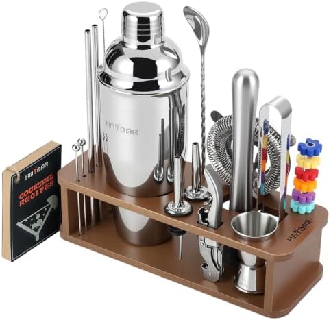 HMYBAR® 22-Piece Cocktail Shaker Set, Mixology Bartender Kit with 24oz Cobbler Shaker, Home Bar Tool Set with Brown Bamboo Stand, 39 Recipe Cards, Glass Markers, Gift for Men & Dad