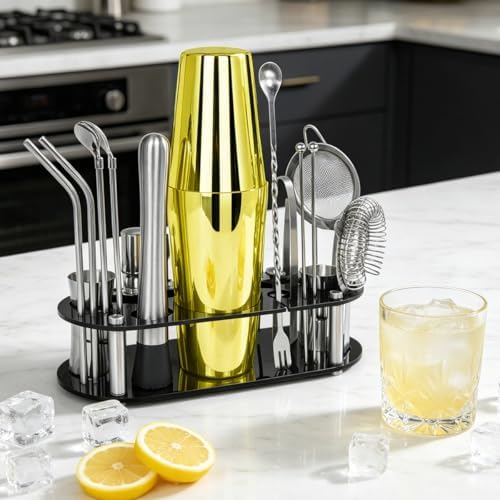 22-Piece Cocktail Shaker Set, 25/20oz Bartender Kit, Bartending Stainless Steel Bar Tools Sets for Drink Mixing, Boston Cocktail Shakers with Stand Recipes Booklet (Rose Copper-25-20oz)