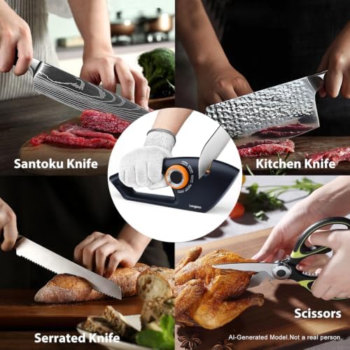 Longzon 6-in-1 Knife Sharpener 5 Stage with Cut-Resistant Glove,Navy+Orange
