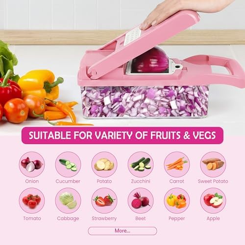16-in-1 Vegetable Chopper & Mandoline Slicer with Container, Food Chopper, Onion Dicer, Cheese Grater, Vegetable Cutter for Potato, Carrot, Cucumber, Garlic, Meal Prep, Pink
