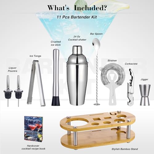Wukuna Cocktail Shaker Bartender Kit, 11 Pcs Bar Tool Set with Bamboo Stand