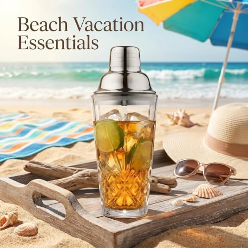 15oz Cut Crystal Cocktail Shaker,Lead-Free,#304 Stainless Steel,Dishwasher Safe,Set of Dasher&4pcs Cocktail Recipe Coasters, Fit Coffee Table Decor, Wedding Favors,any Bar Cabinet(Leaking Proof)