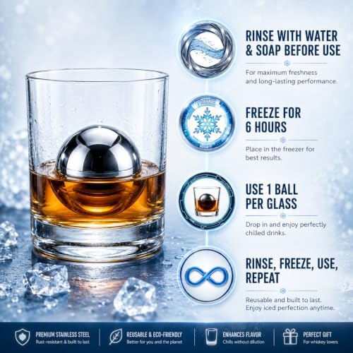 4 Premium XXL 55mm Stainless Steel Ice Whiskey Balls with Freezer Tray| Whiskey Rocks, Chilling Stones, Whiskey Stone Ice Cube Balls, Round Chilling Spheres (Not Solid Steel)