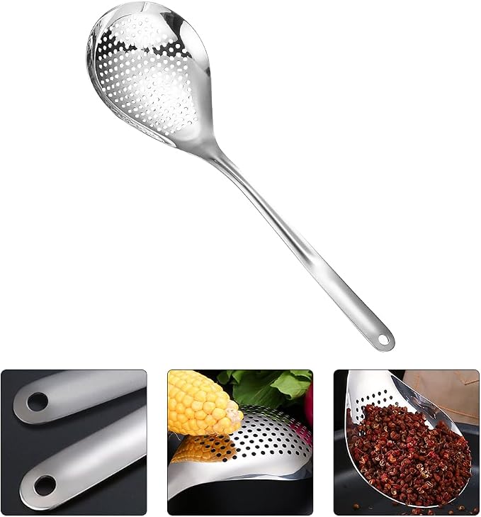 Hemoton Stainless Steel Skimmer Slotted Spoon for Frying and Hot Pot Cooking 13.93 Inch Large Strainer Ladle for Oil Draining and Food Scooping