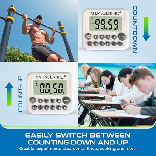 Sper Scientific Digital Count Up/Down Timer with Audible & Visual Alarm 810003 – Timer with Large Display, Loud Alarm & Up to 99 Minute Countdown - for Labs, Cooking, Workouts, Classroom & more - 2 pc