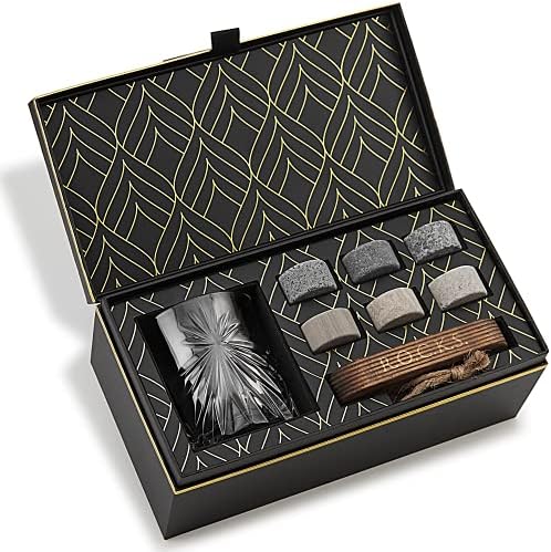 Whiskey Stones & Old Fashioned Cocktail Glass Gift Set - 6 Handcrafted Granite Round Chilling Rocks - Crystal Soleil Whiskey Glasses (11oz) - Hardwood Presentation Tray - Gold Foil Box
