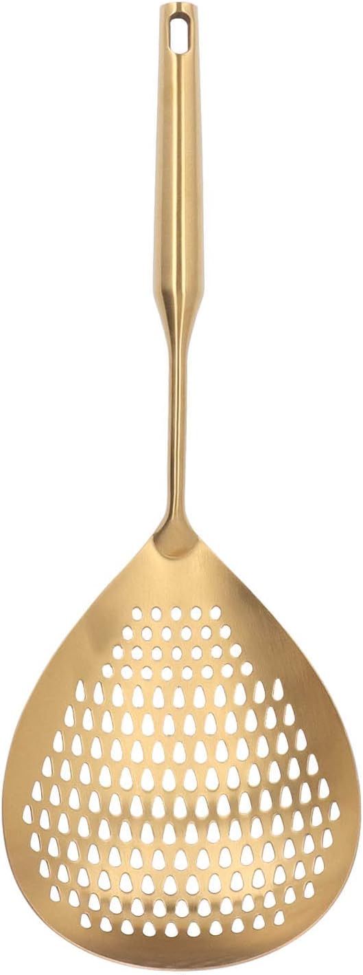 Stainless Steel Strainer Spoon, Long Handle, 15.7 Inches, Gold, for Cooking, Frying, and Filtering