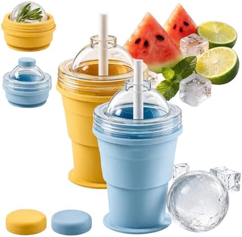 Collapsible Ice Ball Maker Cup, 2-in-1 Silicone Folding Ice Cube Cup Tray Portable Leakproof Travel Tumbler with Lid & Straw, Reusable Sphere Mold for Whiskey, Bourbon, Coffee, Summer Drinks