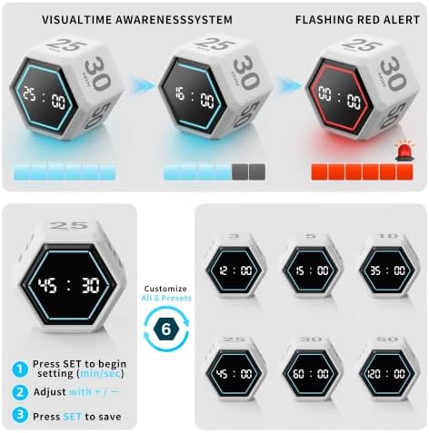 Cube Productivity Timer, 3/5/10/25/30/50 Minute Presets for ADHD