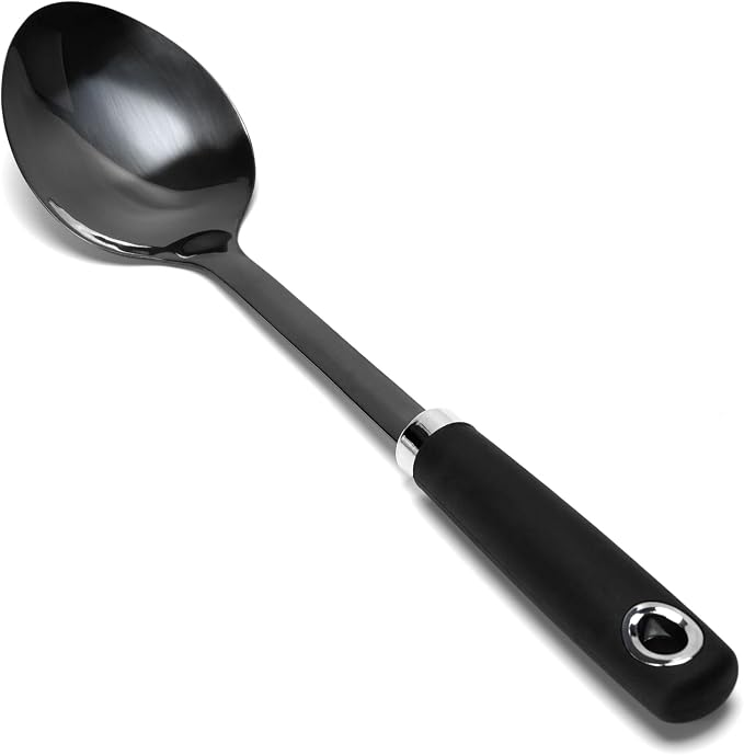 Black Stainless Steel Cooking Spoon, Solid Serving Spoon and Basting Spoon with Ergonomic Handle for Stirring, Mixing, Serving and Sauces, Dishwasher Safe