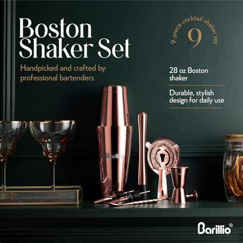 Barillio Rose Gold Boston Shaker Set - Stainless-Steel, Weighted Martini Cocktail Shaker Set w/Strainer & Mixer - Mixology Bartender Kit - Bar Set for the Home - 9-pc Drink Shaker Set - Bar Tools