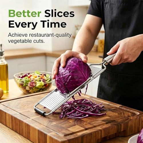 4-in-1 Vegetable Slicer, Handheld Mandoline Cutter with Stainless Steel Guard, Adjustable Thickness Onion Slicer, Sharp Veggie Shredder for Kitchen Fruit Cutting, Silver
