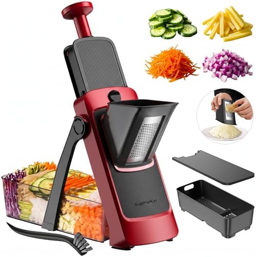 SUPMAKIN Safe Mandoline Slicer, Adjustable Vegetable Food Slicer and Chopper, Potato Fries Fry Cutter, Veggie Salad Chopper, New Kitchen Chopping Artifact Gifts (4V RED)