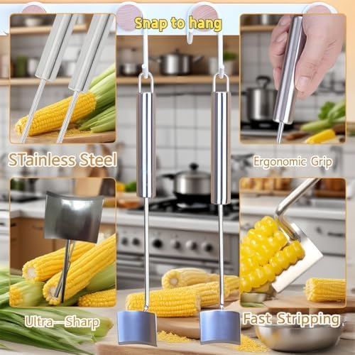 Corn Peeler for Corn on the Cob, Stainless Steel Corn Cob Stripper Tool, Quick Kernel Remover Cutter for Fresh Corn, Ergonomic Kitchen Gadget for Easy Meal Prep & BBQ (1, Stainless Hook-3Pcs)