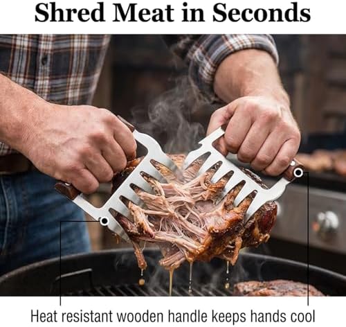 Meat Shredder Claws Set of 2 – Heavy Duty Stainless Steel with Wood Handle for Pulled Pork, Chicken & Brisket, BBQ Bear Claws with Cutting Edge & Bottle Opener – Dishwasher Safe, Ergonomic Grip